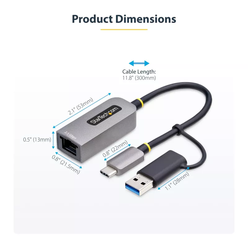 Adaptador StarTech.com 2.5GbE USB-C para Ethernet com conversor USB-A, NBASE-T NIC, USB 3.0 Type-C 2.5/1G rede multi-velocidade, compatível com Thunderbolt, Windows e Mac