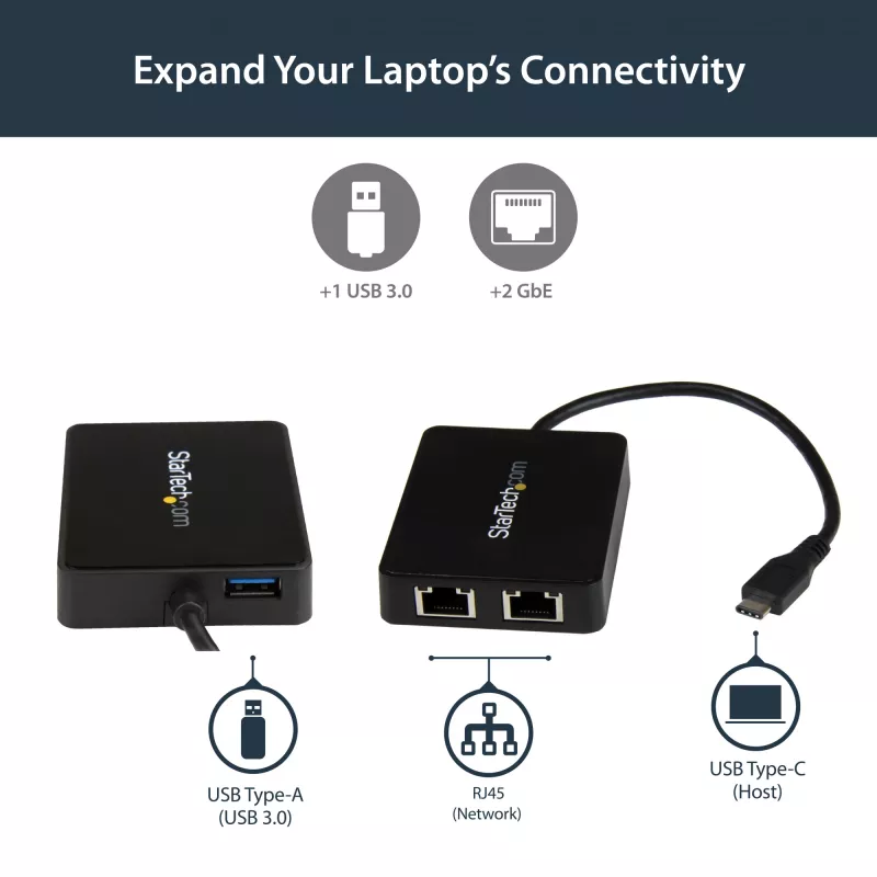 Adaptador StarTech.com USB-C para Ethernet Gigabit duplo com porta USB (Type-A)