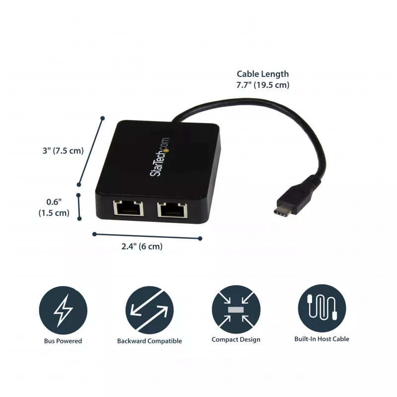Adaptador StarTech.com USB-C para Ethernet Gigabit duplo com porta USB (Type-A)