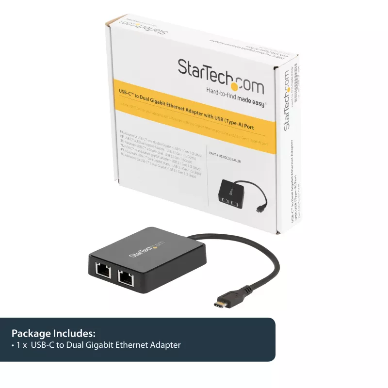 Adaptador StarTech.com USB-C para Ethernet Gigabit duplo com porta USB (Type-A)