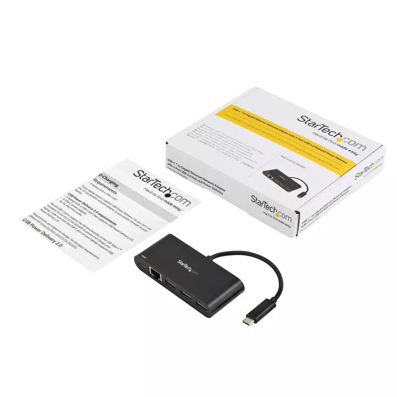 Adaptador StarTech.com USB-C para Ethernet com hub USB 3.0 de 3 portas e Power Delivery