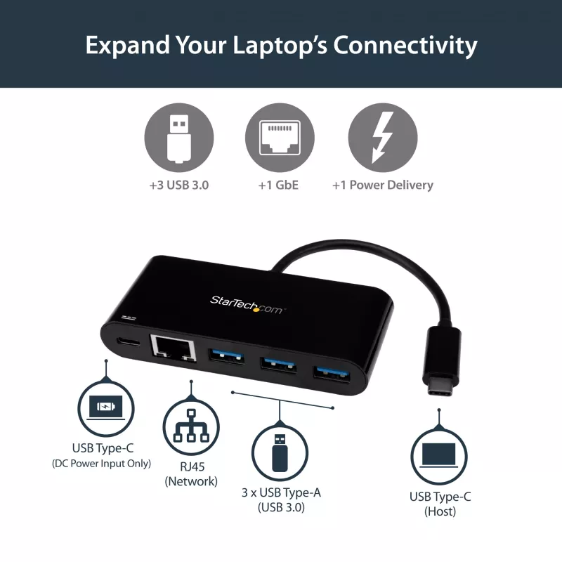Adaptador StarTech.com USB-C para Ethernet com hub USB 3.0 de 3 portas e Power Delivery