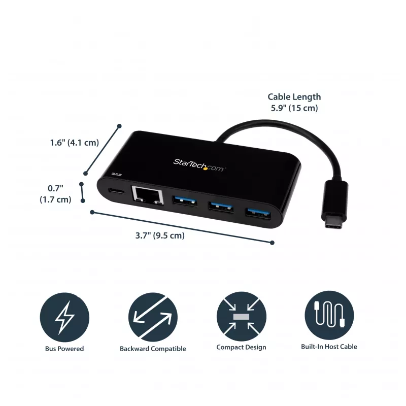 Adaptador StarTech.com USB-C para Ethernet com hub USB 3.0 de 3 portas e Power Delivery