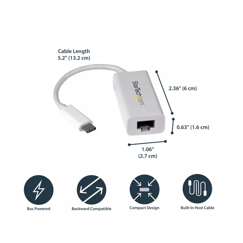 Adaptador de rede StarTech.com USB-C para Gigabit - branco, com fios, USB Type-C, Ethernet, 5000 Mbit/s, branco