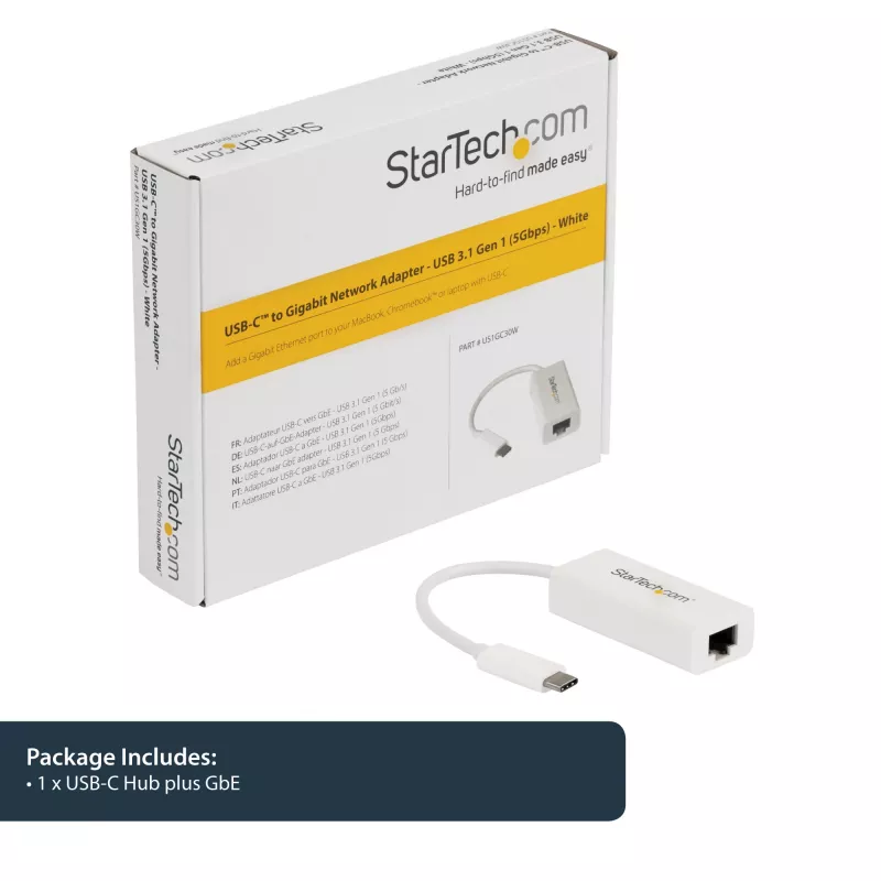 Adaptador de rede StarTech.com USB-C para Gigabit - branco, com fios, USB Type-C, Ethernet, 5000 Mbit/s, branco