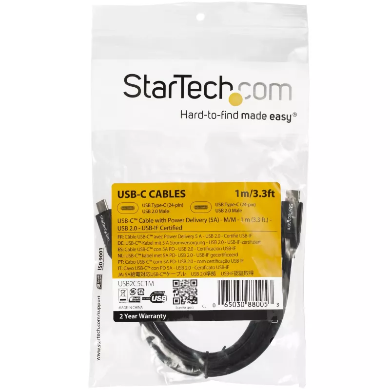 Cabo StarTech.com USB-C para USB-C com 5A PD – M/M – 1 m – USB 2.0 – certificado USB-IF