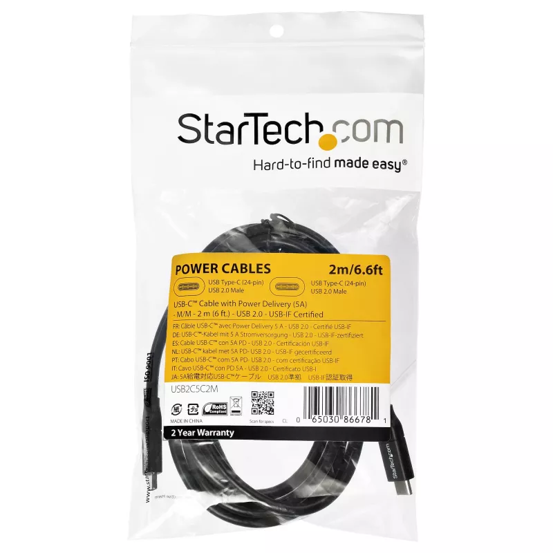 Cabo StarTech.com USB-C para USB-C com 5A PD – M/M – 2 m – USB 2.0 – certificado USB-IF
