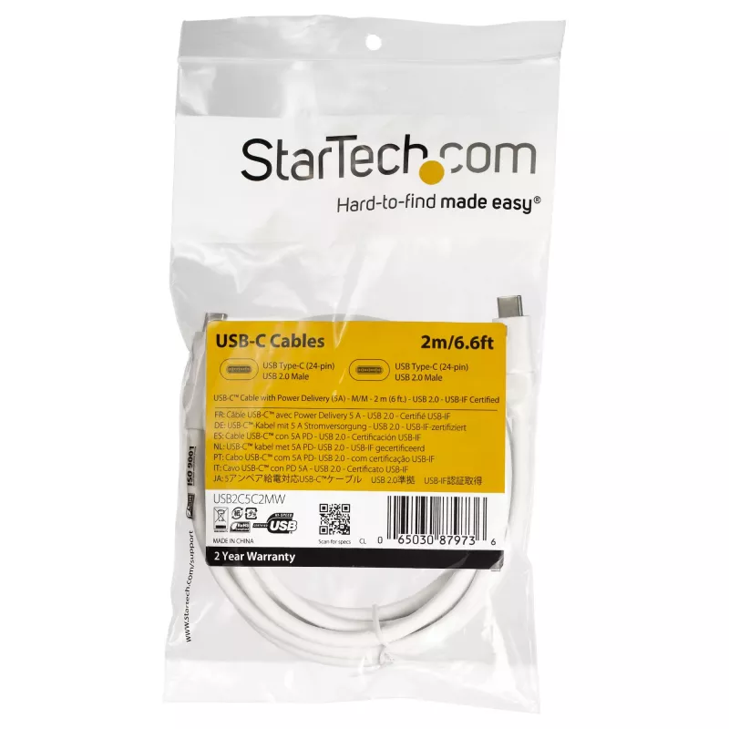 Cabo StarTech.com USB-C para USB-C com 5 A PD – M/M – branco – 2 m – USB 2.0 – certificado USB-IF