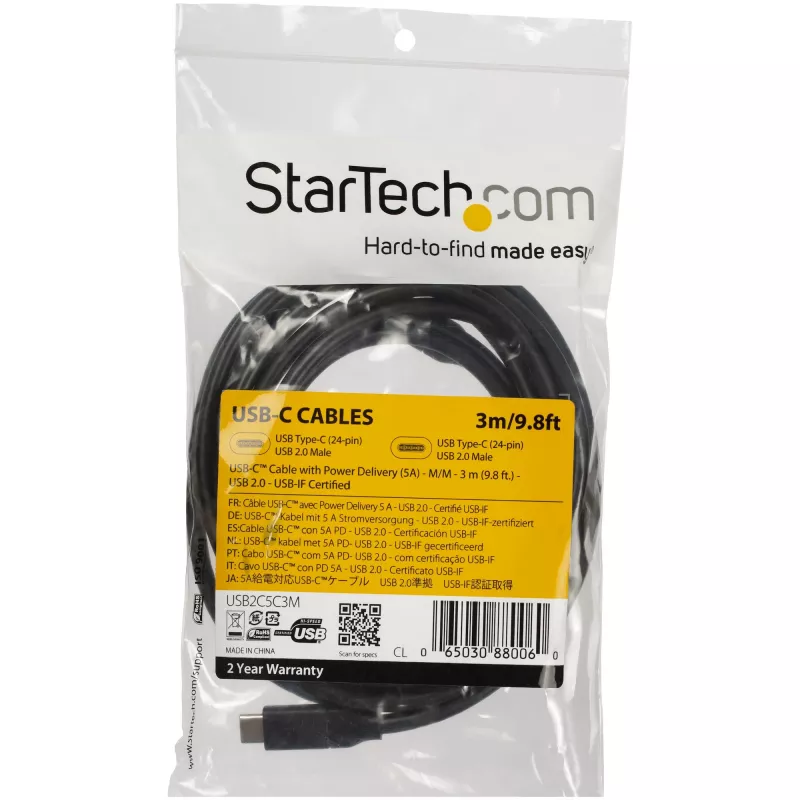 Cabo StarTech.com USB-C para USB-C com 5 A PD – M/M – 3 m (10 ft.) – USB 2.0 – certificado USB-IF