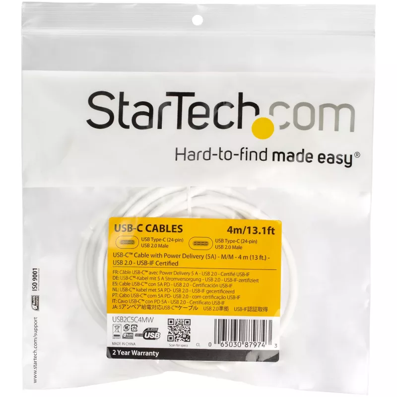 Cabo StarTech.com USB-C para USB-C com 5A PD - M/M - branco - 4 m - USB 2.0 - certificado USB-IF