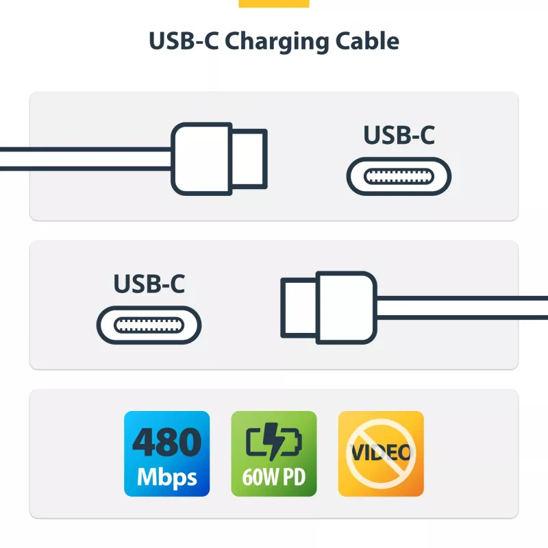 StarTech.com cabo de carregamento USB-C de 1m (3.3ft) branco, cabo USB-C, cabo de carregamento USB 2.0 Type-C para portátil, 60W 3A Power Delivery, revestimento TPE, cabo de transferência de dados USB-C, M/M