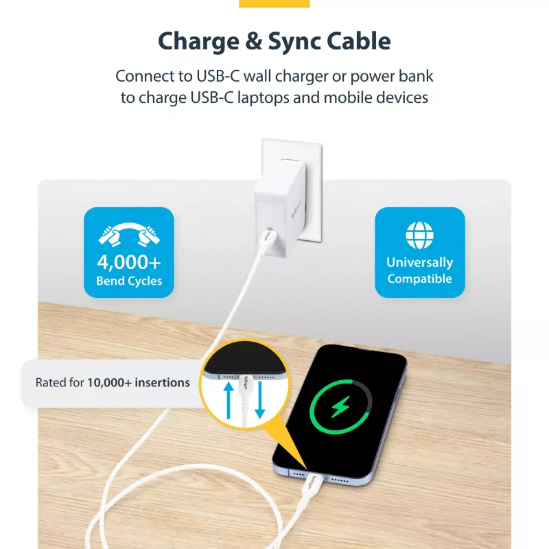 StarTech.com cabo de carregamento USB-C de 1m (3.3ft) branco, cabo USB-C, cabo de carregamento USB 2.0 Type-C para portátil, 60W 3A Power Delivery, revestimento TPE, cabo de transferência de dados USB-C, M/M
