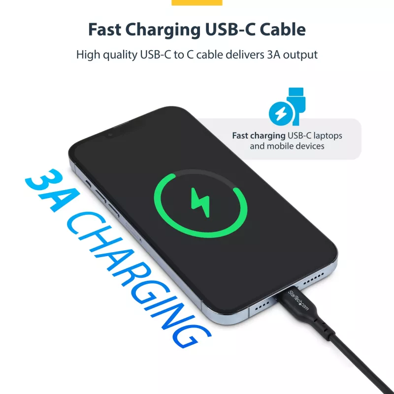 StarTech.com cabo de carregamento USB-C de 3m (9.8ft), cabo USB-C, cabo de carregamento USB 2.0 Type-C para portátil, 60W 3A Power Delivery, revestimento TPE, cabo de transferência de dados USB-C, M/M
