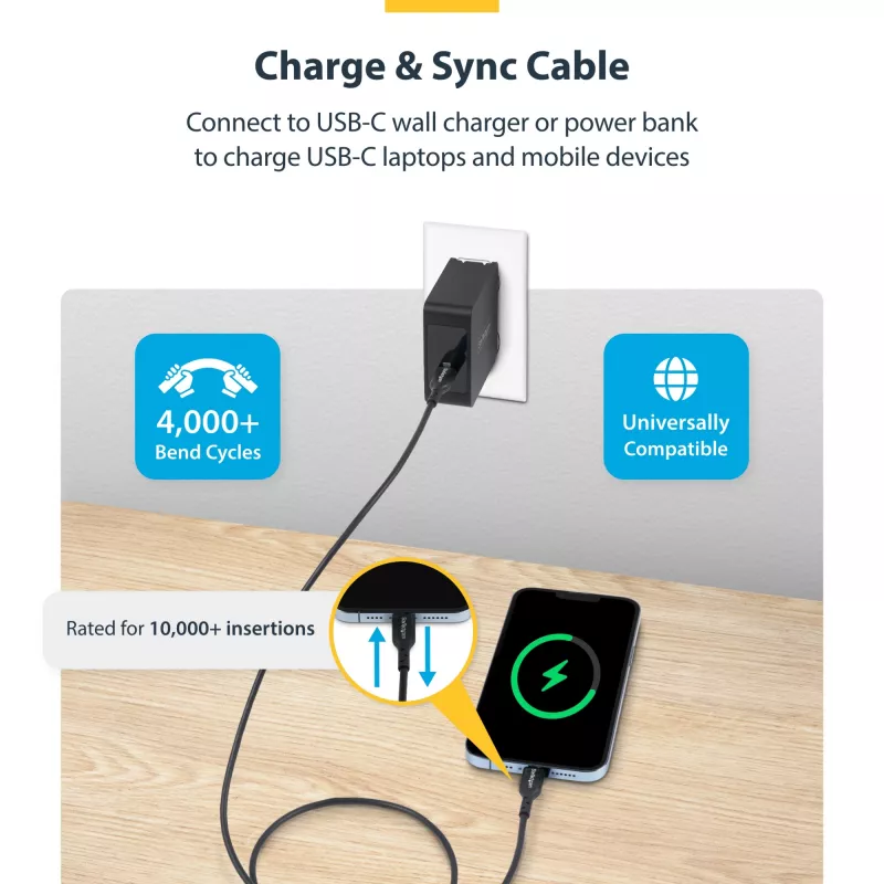 StarTech.com cabo de carregamento USB-C de 3m (9.8ft), cabo USB-C, cabo de carregamento USB 2.0 Type-C para portátil, 60W 3A Power Delivery, revestimento TPE, cabo de transferência de dados USB-C, M/M