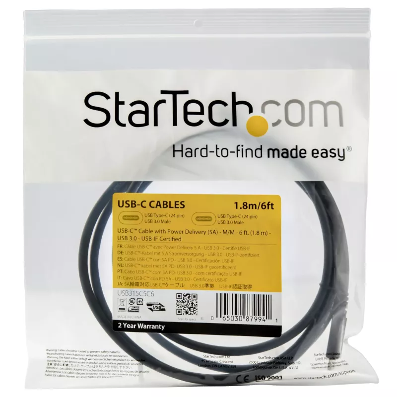 Cabo USB-C para USB-C StarTech.com 1,8 m – 5 A, 100 W PD 3.0 – certificado para Chromebook – certificado USB-IF – M/M – USB 3.0 5 Gbit/s – cabo de carregamento USB-C – cabo USB Type-C
