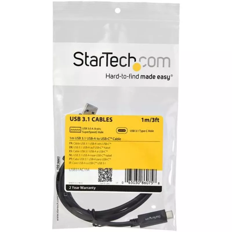 StarTech.com USB31AC1M cabo USB-A para USB-C, macho/macho, USB 3.1, 10 Gbps, 1 m (3 ft), preto
