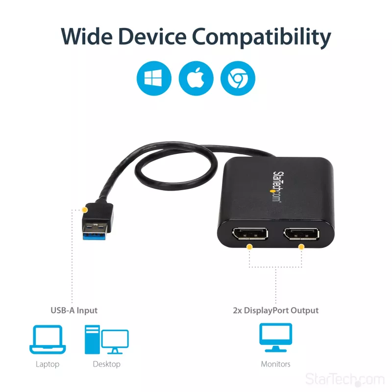 Adaptador StarTech.com USB 3.0 para DisplayPort duplo – 4K 60 Hz, 3.2 Gen 1 (3.1 Gen 1), USB Type-A, saída DisplayPort, 4096 x 2160 píxeis