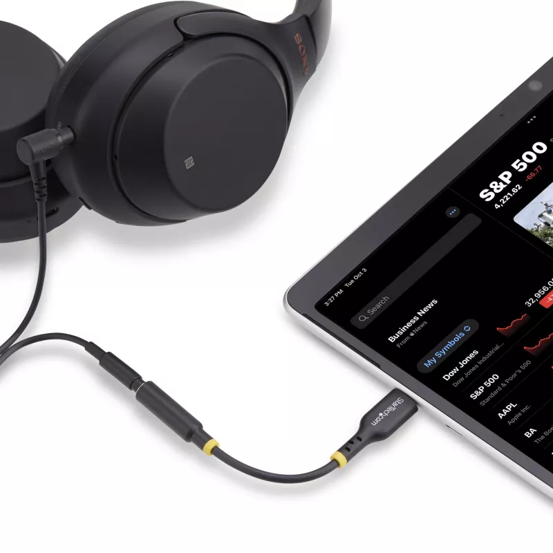 StarTech.com USBCAUDIO2 adaptador de áudio USB-C para 3,5 mm TRRS para auscultadores/auricular com microfone, DAC de 32 bits, compatível com Thunderbolt, 12,7 cm, preto