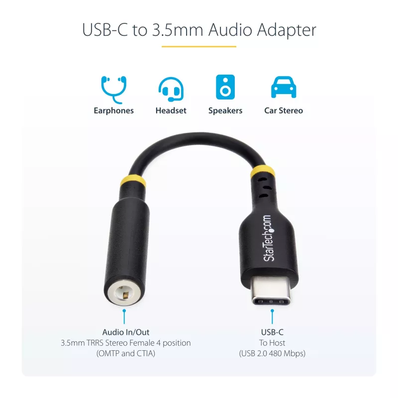 StarTech.com USBCAUDIO2 adaptador de áudio USB-C para 3,5 mm TRRS para auscultadores/auricular com microfone, DAC de 32 bits, compatível com Thunderbolt, 12,7 cm, preto
