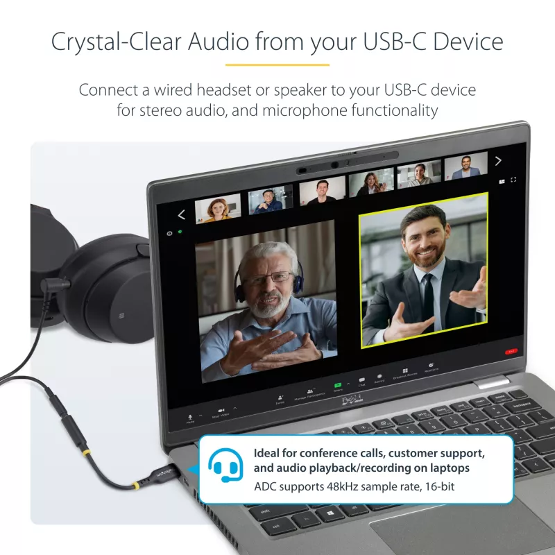 StarTech.com USBCAUDIO2 adaptador de áudio USB-C para 3,5 mm TRRS para auscultadores/auricular com microfone, DAC de 32 bits, compatível com Thunderbolt, 12,7 cm, preto