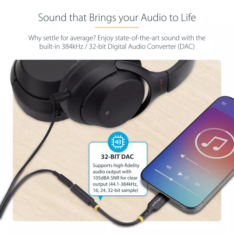 StarTech.com USBCAUDIO2 adaptador de áudio USB-C para 3,5 mm TRRS para auscultadores/auricular com microfone, DAC de 32 bits, compatível com Thunderbolt, 12,7 cm, preto