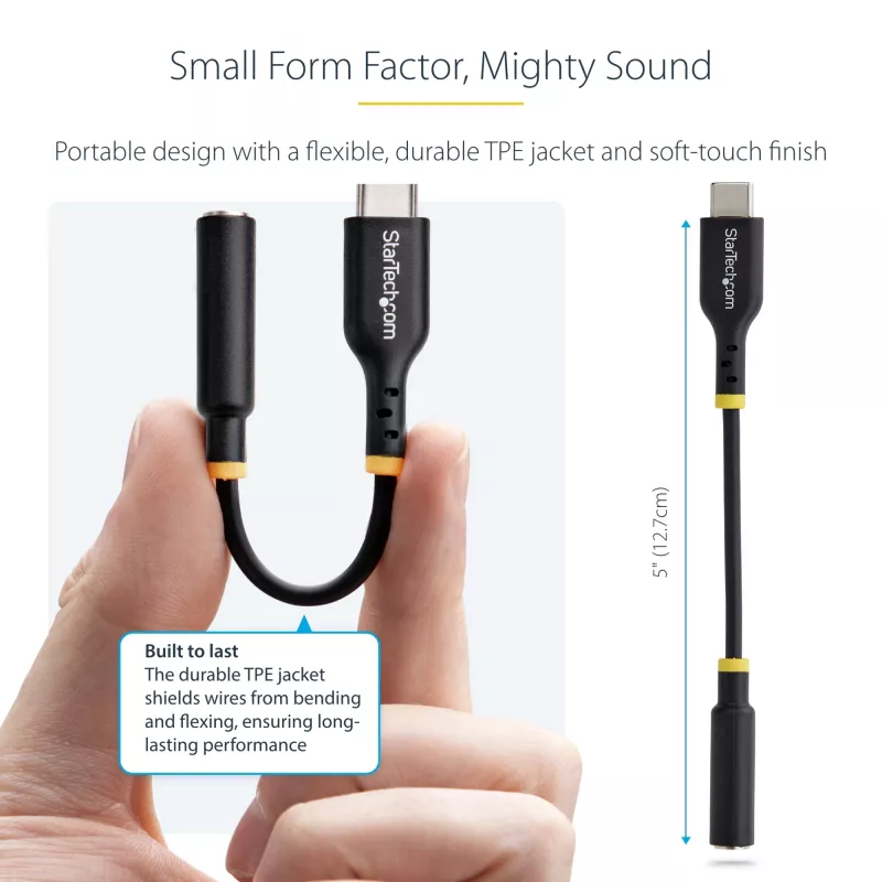 StarTech.com USBCAUDIO2 adaptador de áudio USB-C para 3,5 mm TRRS para auscultadores/auricular com microfone, DAC de 32 bits, compatível com Thunderbolt, 12,7 cm, preto