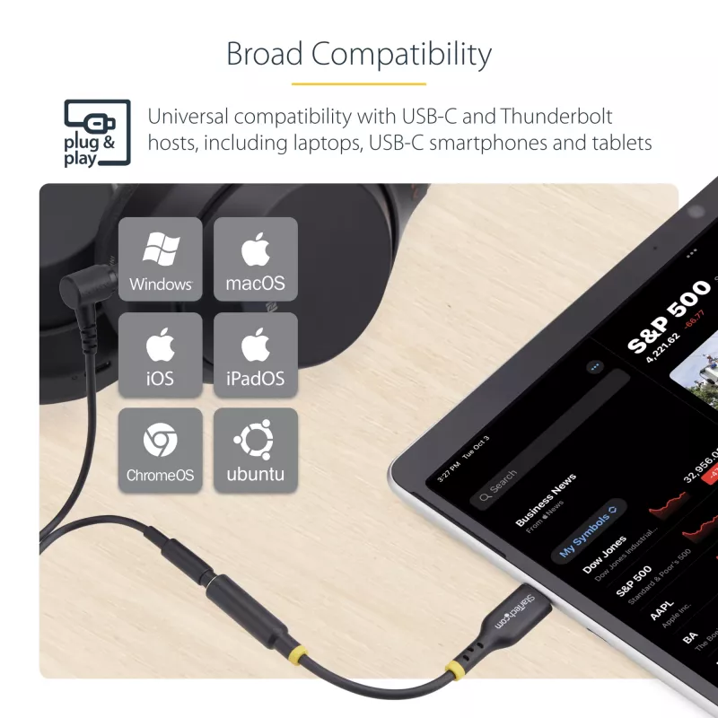StarTech.com USBCAUDIO2 adaptador de áudio USB-C para 3,5 mm TRRS para auscultadores/auricular com microfone, DAC de 32 bits, compatível com Thunderbolt, 12,7 cm, preto