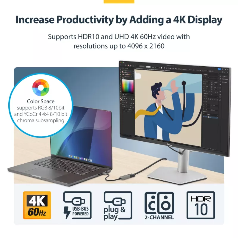 Adaptador USB-C para HDMI StarTech.com, vídeo 4K 60 Hz, HDR10, dongle USB-C para monitor HDMI, compatível com USB4 / Thunderbolt