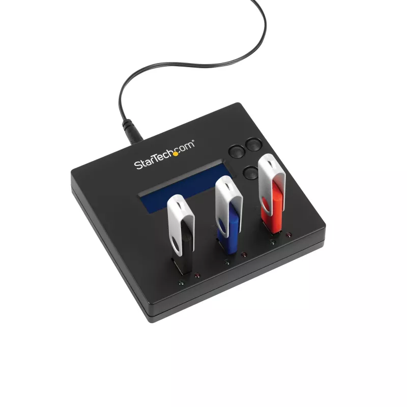 Duplicador e apagador autónomo de pen drives USB 1 para 2 StarTech.com, copiador de várias pen drives USB, cópia de sistema e ficheiros e de unidade completa a 1,5 GB/min, apagamento simples e de 3 passagens, visor LCD – TAA
