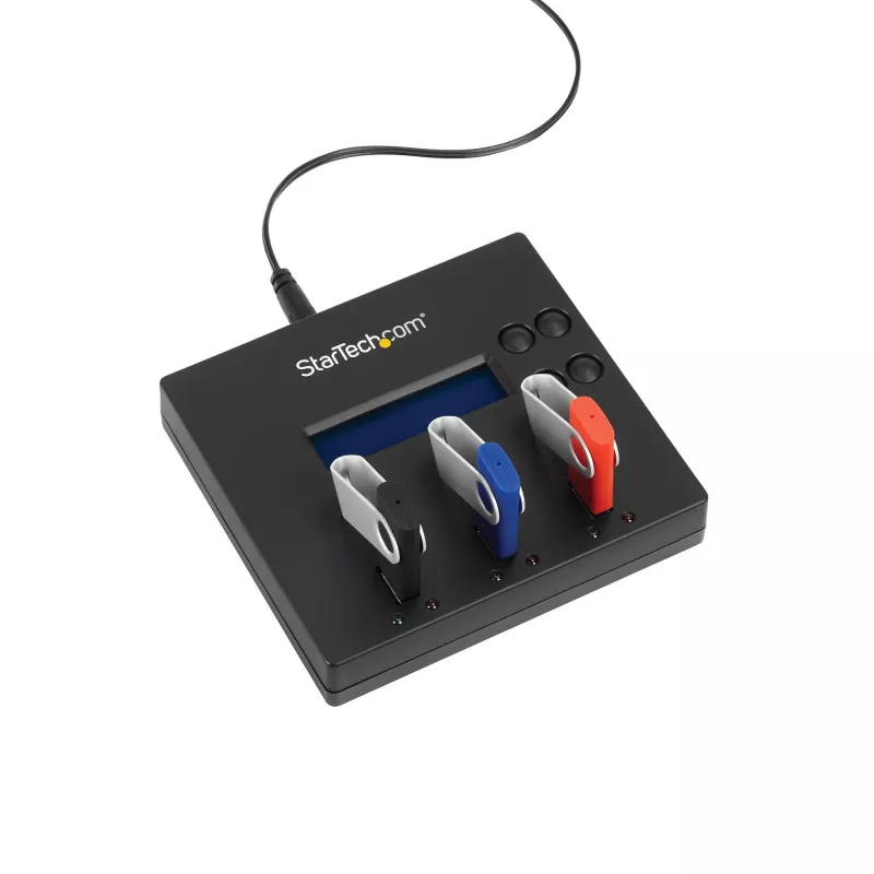Duplicador e apagador autónomo de pen drives USB 1 para 2 StarTech.com, copiador de várias pen drives USB, cópia de sistema e ficheiros e de unidade completa a 1,5 GB/min, apagamento simples e de 3 passagens, visor LCD – TAA
