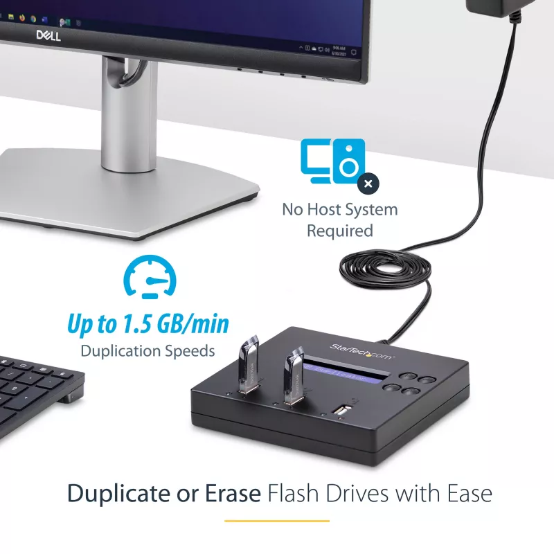 Duplicador e apagador autónomo de pen drives USB 1 para 2 StarTech.com, copiador de várias pen drives USB, cópia de sistema e ficheiros e de unidade completa a 1,5 GB/min, apagamento simples e de 3 passagens, visor LCD – TAA