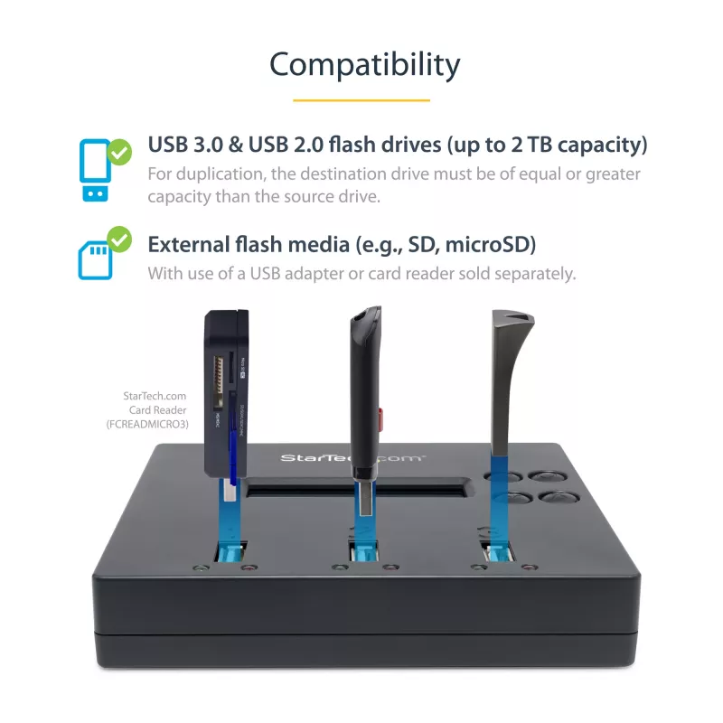 Duplicador e apagador autónomo de pen drives USB 1 para 2 StarTech.com, copiador de várias pen drives USB, cópia de sistema e ficheiros e de unidade completa a 1,5 GB/min, apagamento simples e de 3 passagens, visor LCD – TAA