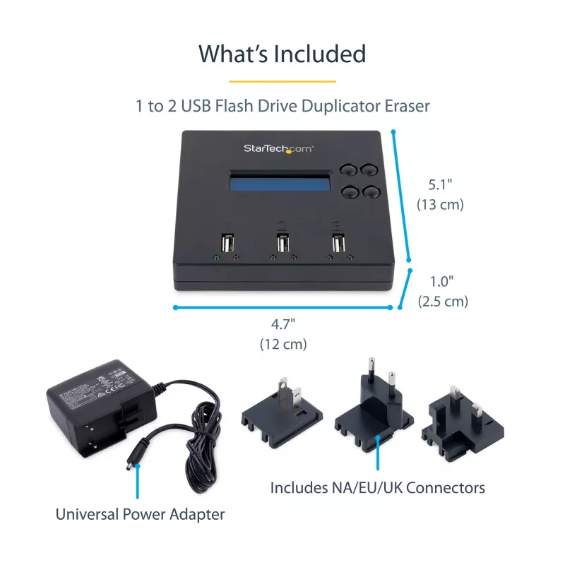 Duplicador e apagador autónomo de pen drives USB 1 para 2 StarTech.com, copiador de várias pen drives USB, cópia de sistema e ficheiros e de unidade completa a 1,5 GB/min, apagamento simples e de 3 passagens, visor LCD – TAA