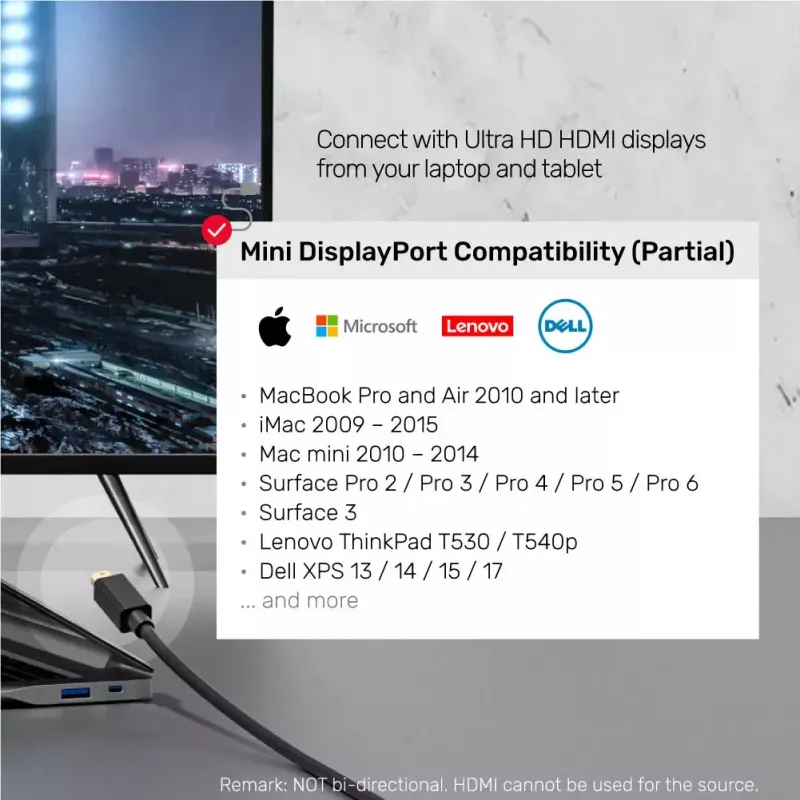 Unitek V1152A cabo adaptador de Mini DisplayPort para HDMI, 4K 30 Hz, 2 m, preto