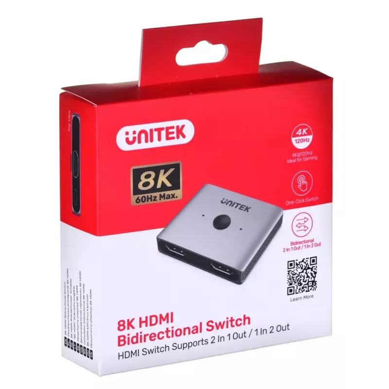 Comutador HDMI Unitek V1163A 2x1 8K 60 Hz — 2 entradas para 1 saída