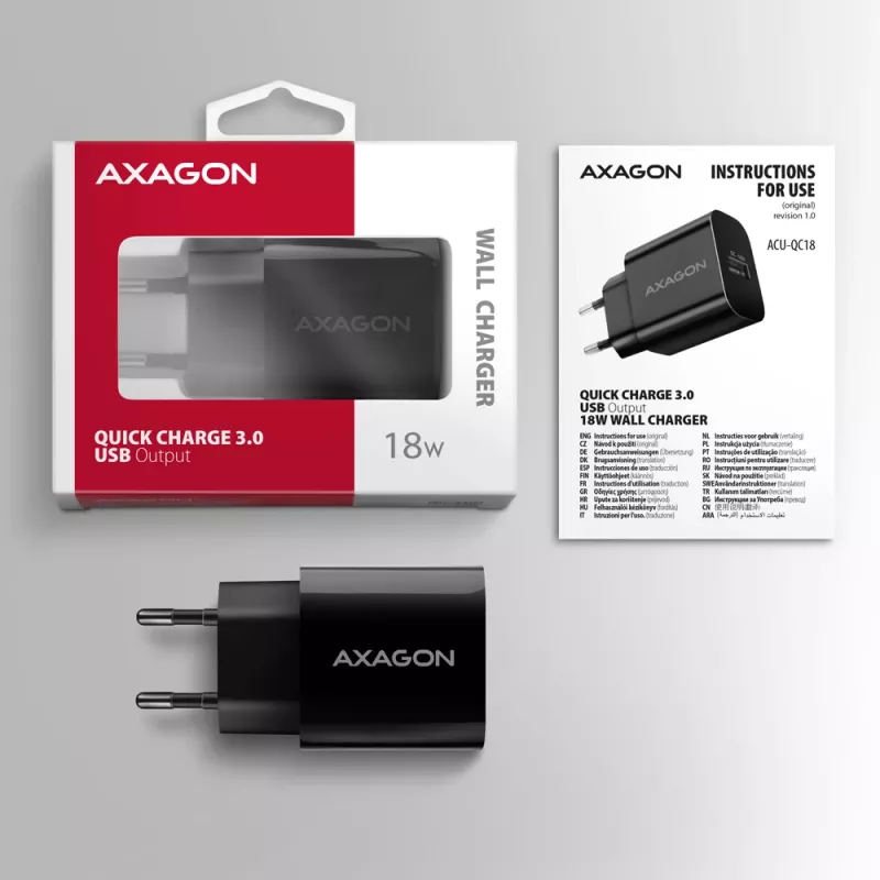 Axagon ACU-QC18 QC 3.0 1× saída carregador de parede 18W, interior, AC, preto