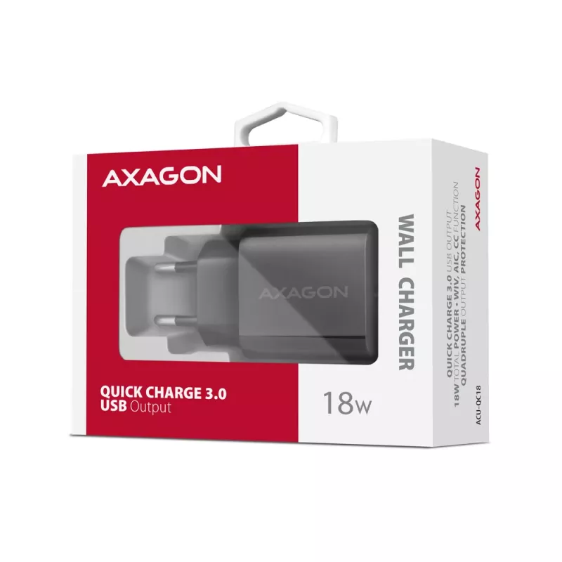 Axagon ACU-QC18 QC 3.0 1× saída carregador de parede 18W, interior, AC, preto