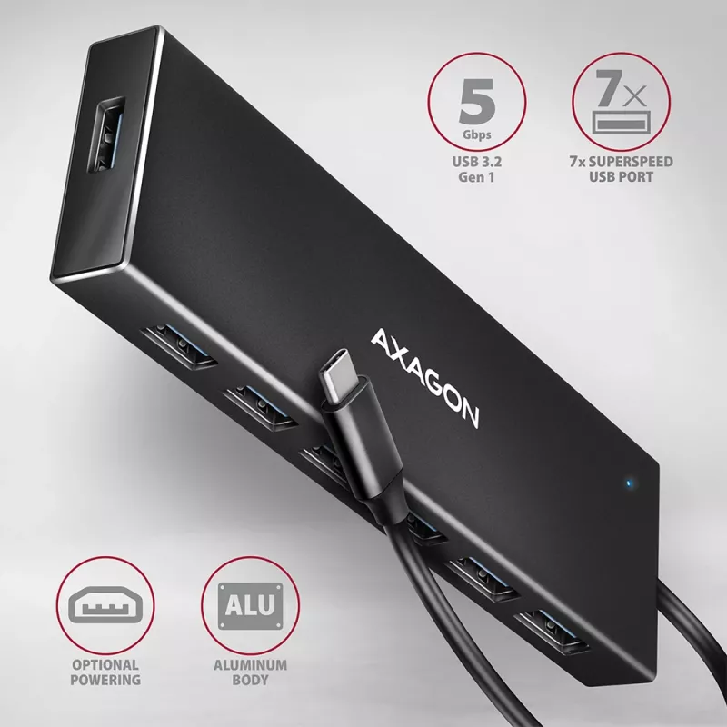 Axagon HUE-F7C hub de carregamento plano em alumínio USB 3.2 Gen 1 de 7 portas, 7x USB-A, cabo USB-C de 30 cm, conector de alimentação externa, preto