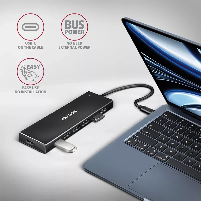 Axagon HUE-F7C hub de carregamento plano em alumínio USB 3.2 Gen 1 de 7 portas, 7x USB-A, cabo USB-C de 30 cm, conector de alimentação externa, preto