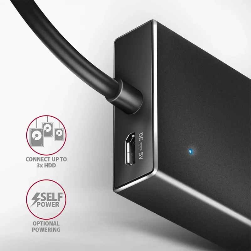 Axagon HUE-F7C hub de carregamento plano em alumínio USB 3.2 Gen 1 de 7 portas, 7x USB-A, cabo USB-C de 30 cm, conector de alimentação externa, preto