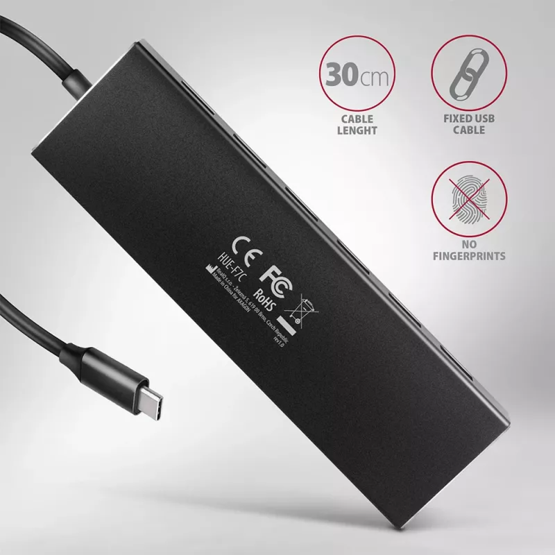 Axagon HUE-F7C hub de carregamento plano em alumínio USB 3.2 Gen 1 de 7 portas, 7x USB-A, cabo USB-C de 30 cm, conector de alimentação externa, preto