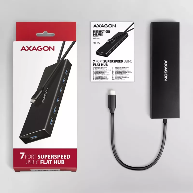 Axagon HUE-F7C hub de carregamento plano em alumínio USB 3.2 Gen 1 de 7 portas, 7x USB-A, cabo USB-C de 30 cm, conector de alimentação externa, preto