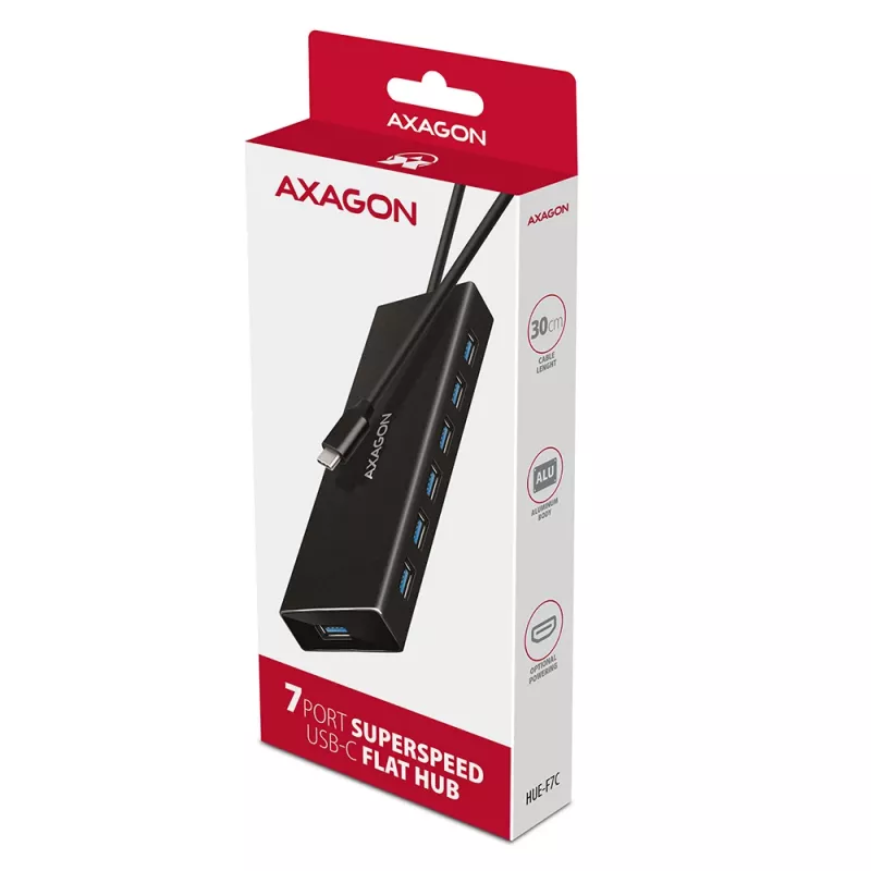Axagon HUE-F7C hub de carregamento plano em alumínio USB 3.2 Gen 1 de 7 portas, 7x USB-A, cabo USB-C de 30 cm, conector de alimentação externa, preto