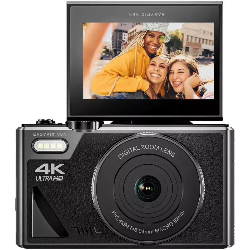 Easypix V64 Flip 20203 câmara digital compacta, 64 MP, vídeo 4K, ecrã rebatível de 3 polegadas, zoom digital 18x, WiFi