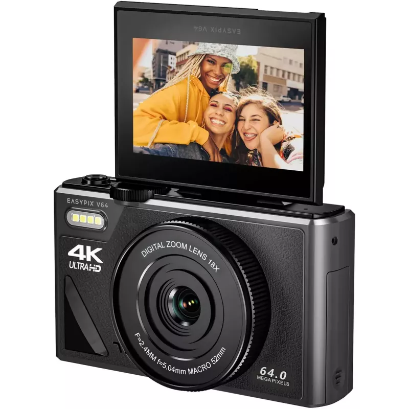 Easypix V64 Flip 20203 câmara digital compacta, 64 MP, vídeo 4K, ecrã rebatível de 3 polegadas, zoom digital 18x, WiFi