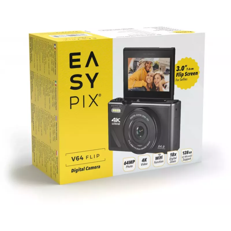 Easypix V64 Flip 20203 câmara digital compacta, 64 MP, vídeo 4K, ecrã rebatível de 3 polegadas, zoom digital 18x, WiFi