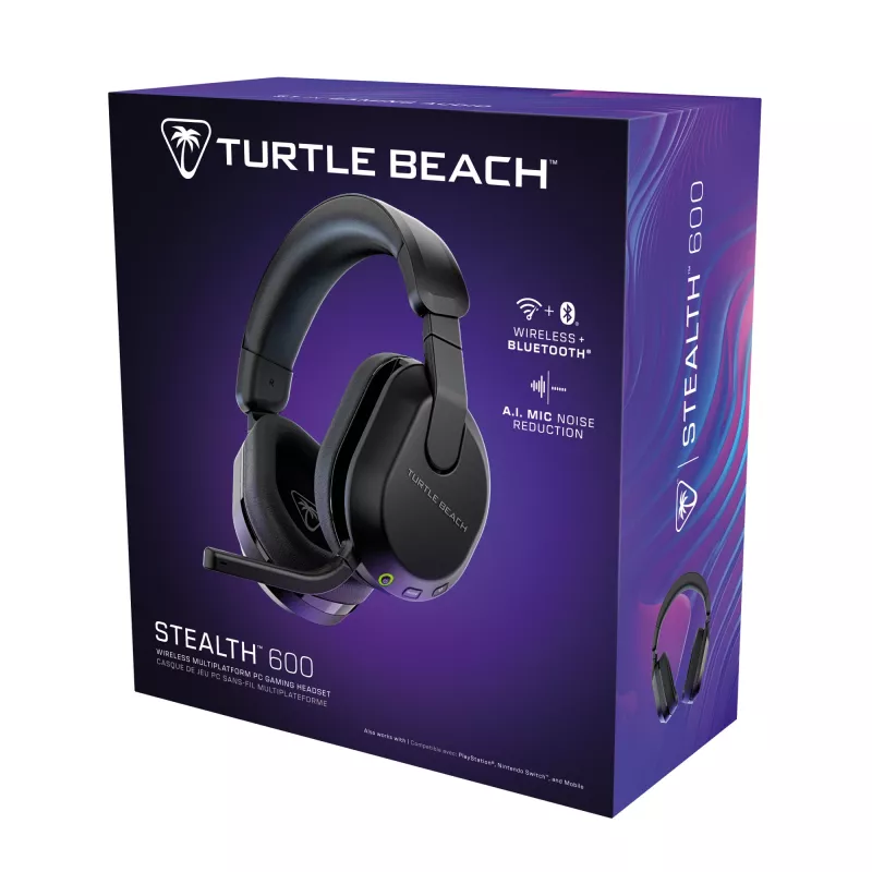 Turtle Beach Stealth 600 preto PC headset gaming sem fios com até 80 horas de autonomia, altifalantes de 50 mm e Bluetooth para PC, PS5, PS4 e dispositivos móveis