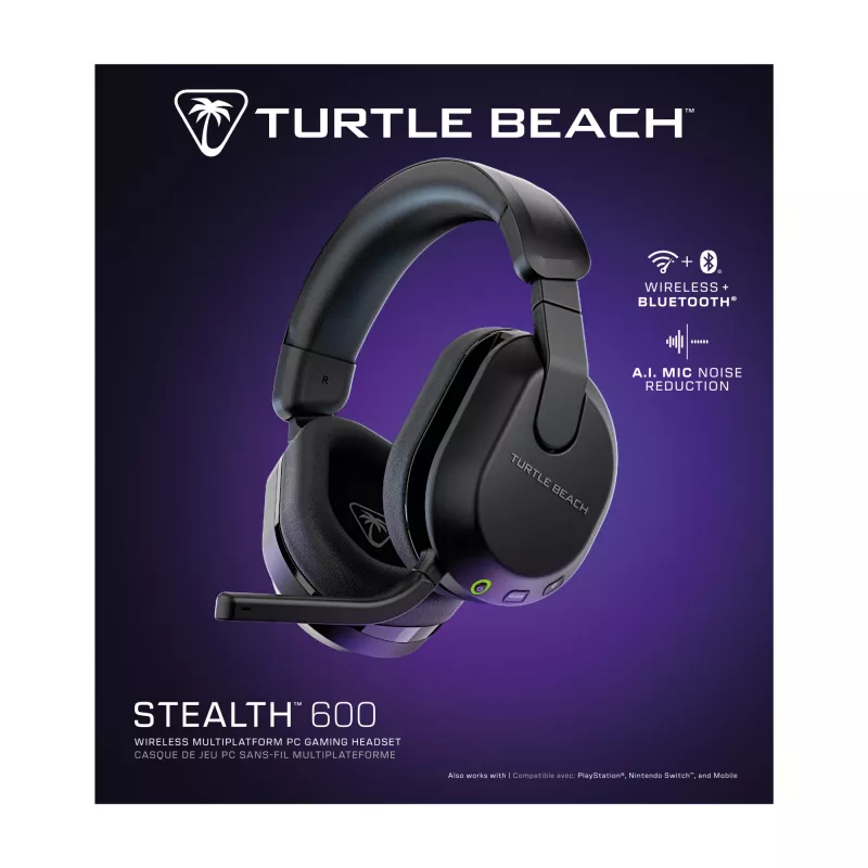 Turtle Beach Stealth 600 preto PC headset gaming sem fios com até 80 horas de autonomia, altifalantes de 50 mm e Bluetooth para PC, PS5, PS4 e dispositivos móveis