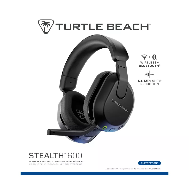 Turtle Beach Stealth 600 preto PlayStation headset gaming sem fios com até 80 horas de autonomia, altifalantes de 50 mm e Bluetooth para PS5, PS4, PC e dispositivos móveis