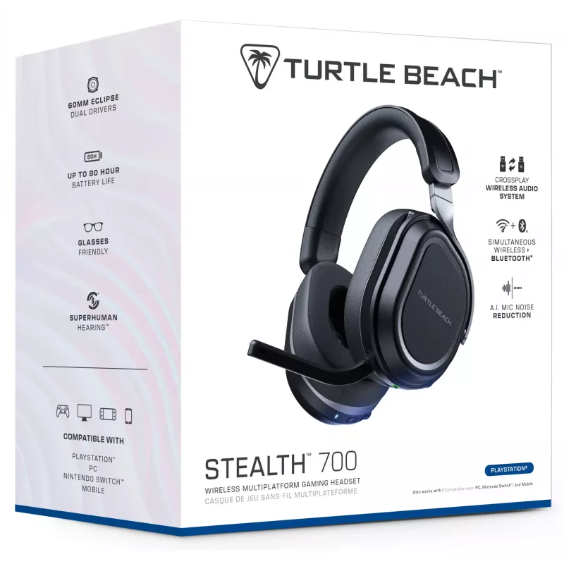 Turtle Beach Stealth 700 preto PlayStation headset gaming sem fios com até 80 horas de autonomia, Bluetooth, dois transmissores e drivers de 60 mm para PS5, PS4, PC e dispositivos móveis